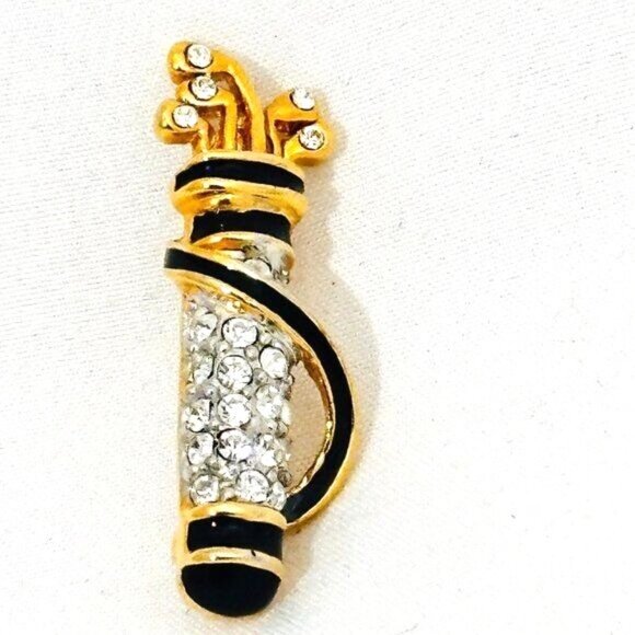 Vintage Gold Tone Small Golf Bag Brooch Pin - Enameled w/Crystals - Picture 3 of 4